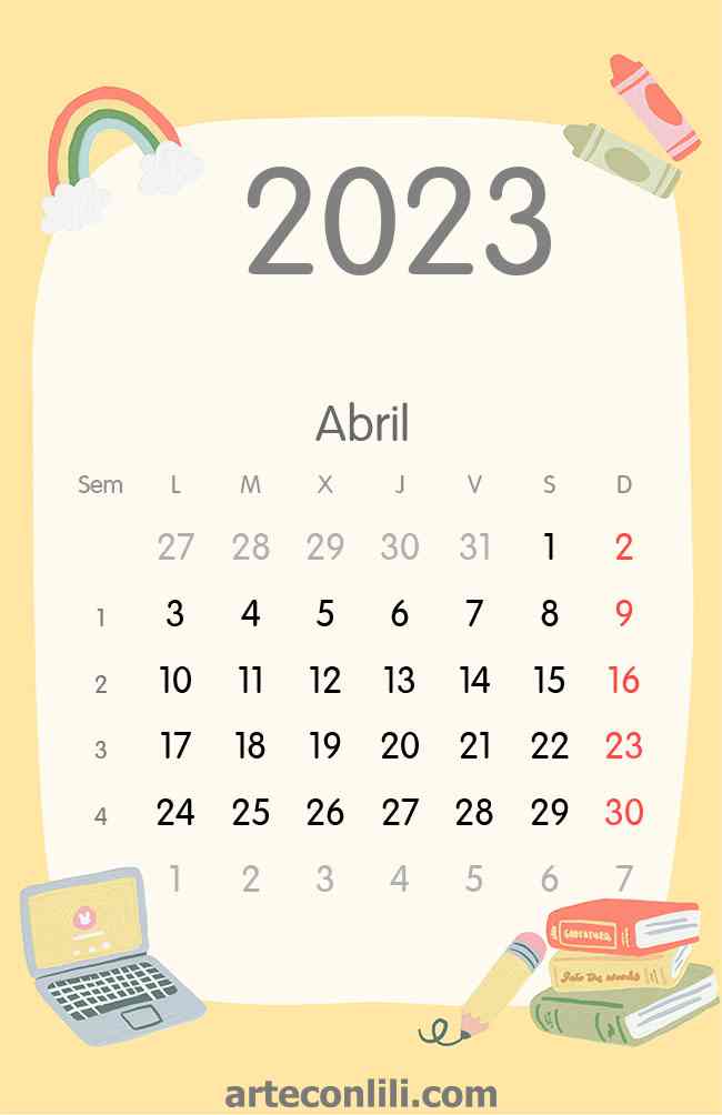 Calendario 2023 colegio Abril