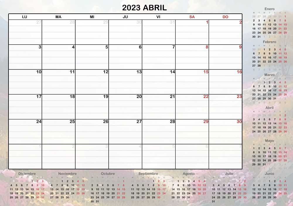 calendario mes de abril 2023 paisaje
